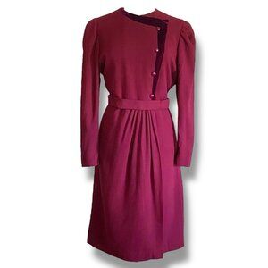 Vintage 1970s Mollie Parnis Womens Wrap Dress Sz Large XL Merlot Red Wool Velvet